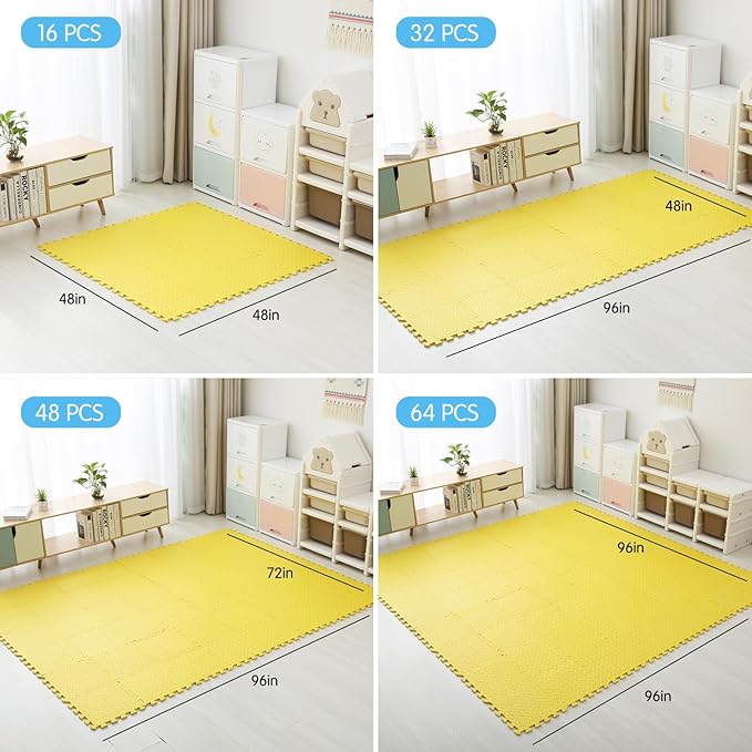 Coolcandy EVA Foam Play Mat, 16 Tiles Colorful Baby Play Mat, Square Kids Playmat with Solid Colored, 0.4" Thickened Interlocking Foam Floor Tiles, Puzzle Play Mat for Baby Lying, Playing (Yellow)