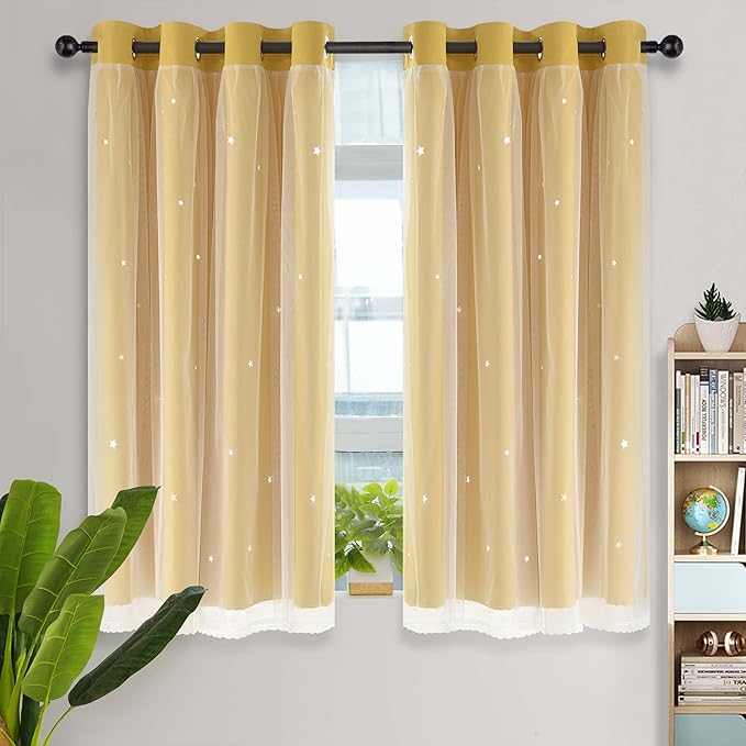 Kinryb Blackout Curtains for Girl Bedroom/Living Room/Classroom, Sheer Overlay Small 2 Panel Set, Double Layer Curtains with Star Cutout for Kids Room(W 52 x L 45 Inches,Yellow 2 Pcs)