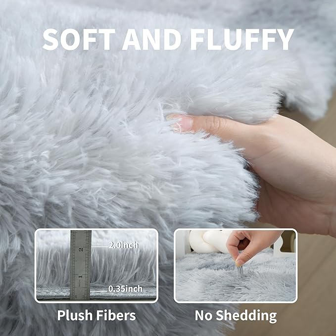 5x8 Light Grey Fluffy Shag Area Rug for Bedroom, Soft Plush Fuzzy Washable Non Slip Carpet for Living Room, Modern Cozy Furry Shaggy Large Rug for Kids Baby Boys Nursery Dorm, Tie-Dye Gray