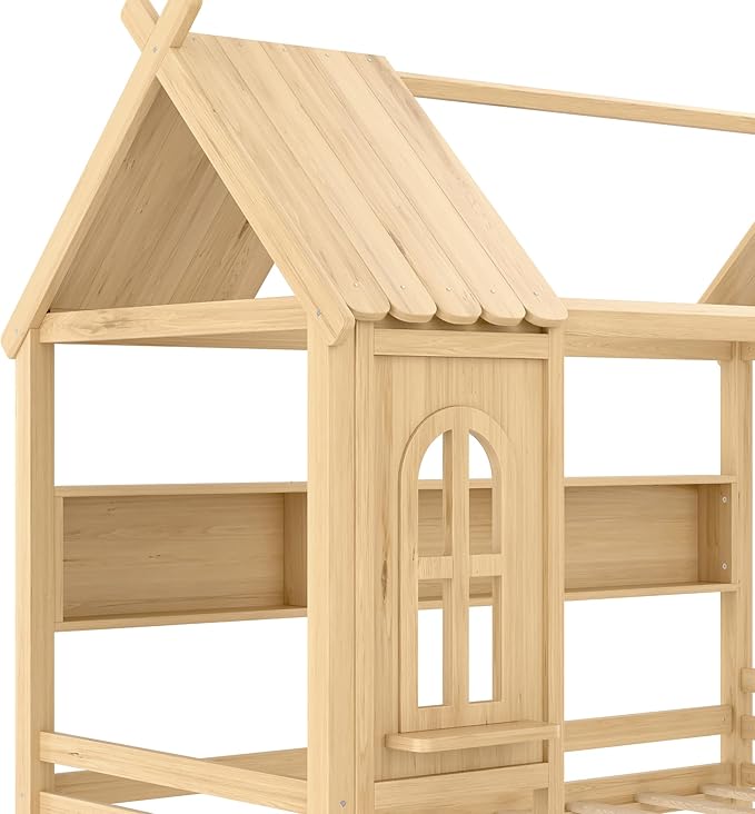 Twin House Bed with Drawers and Window, Solid Wood House Platform Bed with Shelves, Twin Bed Frame with House-shaped Roof for Kids, Boys, Girls, No Box Spring Needed and Childlike Design, Natural