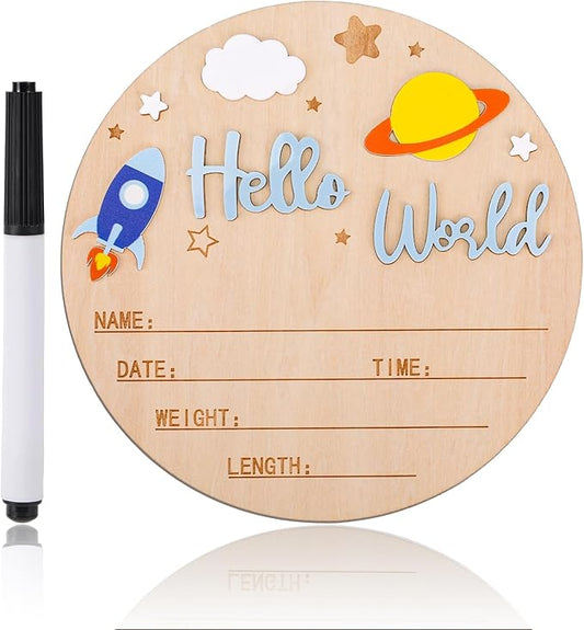 Hello World Newborn Announcement Sign, Wooden Baby Birth Announcement Sign with Pen Rocket and Planet Decorations Suitable for Hospital Nursery Photo Props