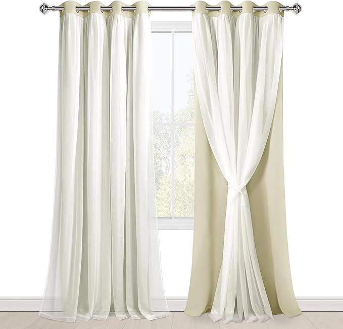 Hiasan Blackout Curtains with White Sheer Overlay, Double Layer Mix & Match Thermal Insulated Grommet Window Curtains for Bedroom, Living Room, 2 Drape Panels with Tiebacks, Light Beige, 52W X 96L
