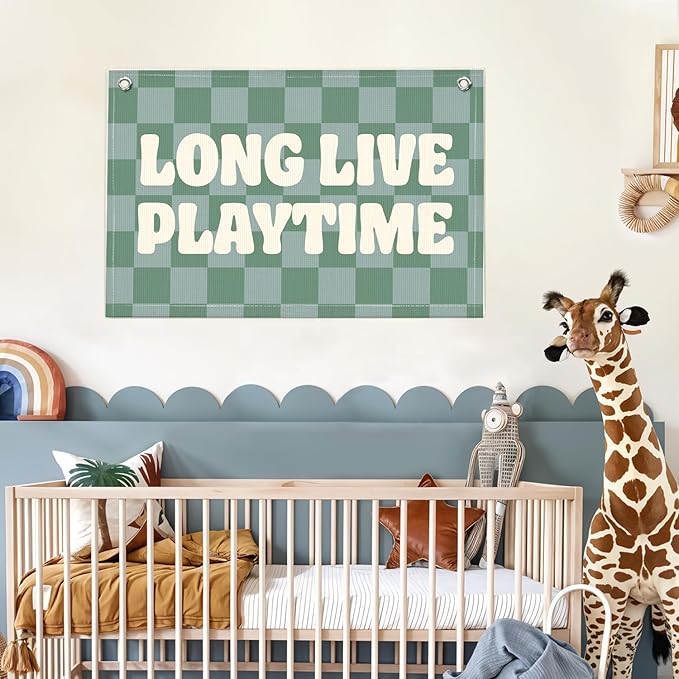 Lacama Playroom Decor, Play Room Wall Decor, Green Long Live Playtime Linen Banner Wall Hanging, Boho Cute Banner Flag Decor for Nursery Boys Room 30x20 Inch