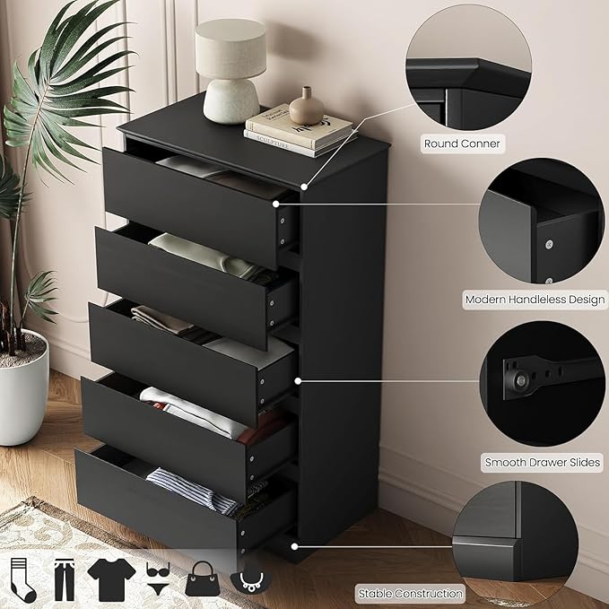 5 Drawer Dresser, Modern Tall Dresser for Bedroom, Wooden Black Chest of Drawers with Large Stoage, Vertical Dressers for Bedroom,Living Room, Entryway, or Hallway, Black