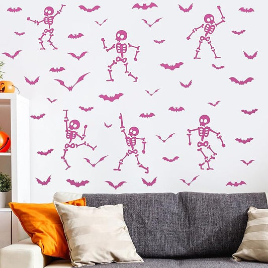 Halloween Wall Decals and Skeleton Window Clings - 6 Sheets 43 Pcs Removable Pink Ghost Bat Wall Stickers for Mirrors, Windows, Home Bedroom Party Decor