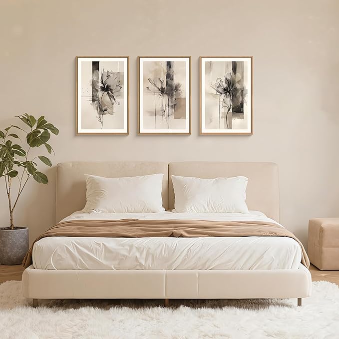 FWIEXA Black Beige Floral Canvas Wall Art Set 3, Neutral Abstract Florals Framed Prints, Brushstroke Geometry Line Paintings, 24x36In Watercolor Ink Artwork Poster for Farmhouse, Living Room, Bedroom, Office