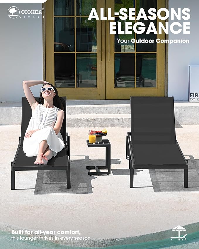 Pool Chaise Lounge Chair Set of 4, Outdoor Lounge Chairs with Wheels, 5-Position Adjustable Sun Loungers for Outside, Deck, Beach, Black