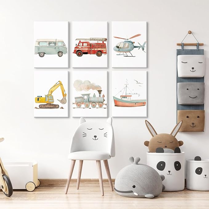 Car Wall Art Boys Room Canvas Wall Decor Nursery Prints Transportation Vehicle Wall Art Kids Toddler Posters Construction Truck Pictures Boy Nursery Artwork for Bedroom Playroom 8x10x6 Inch Framed
