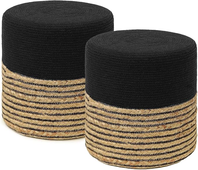 REDEARTH · Cylindrical Pouf Ottoman - Braided Pouffe Accent Sitting Round Footrest for Living Room, Bedroom, Nursery, kidsroom, Patio ; 70% Cotton 30% Jute, Set of 2 (14.5X14.5X16; Black Natural)