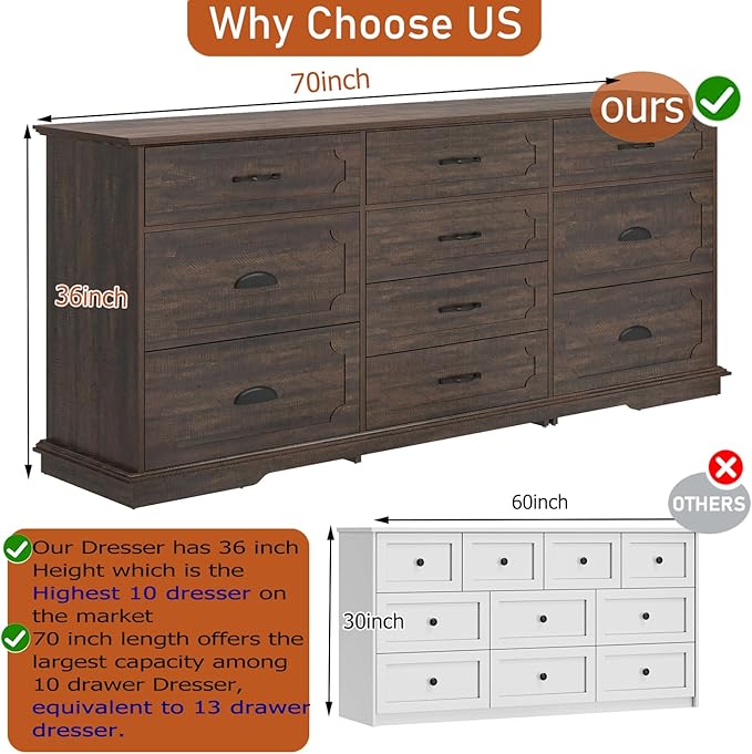 70inch Large Long Dresser w/Charging Station,10 Drawer Dresser w/Deep Big Drawers,Wooden Chest of Drawers w/Power Outlet,Brown Dressers for Bedroom,Living Room,Entryway