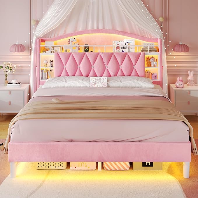 ADORNEVE Full Bed Frame with LED Lights, Princess Velvet Upholstered Platform Bed for Girls, Headboard with Charging Station & Guardrail & Crystal Button, No Box Spring Needed,Pink