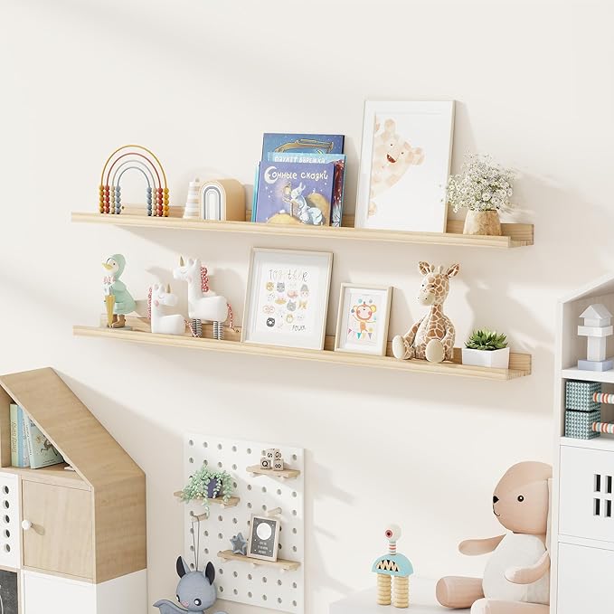 Fun Memories Picture Ledge Shelf, Pine Wood Floating Shelves Set of 2, 55 inch Nursery Book Shelves, Photo Ledge Book Shelves Wall Mounted for Living Room Kids' Room Bedroom - Natural