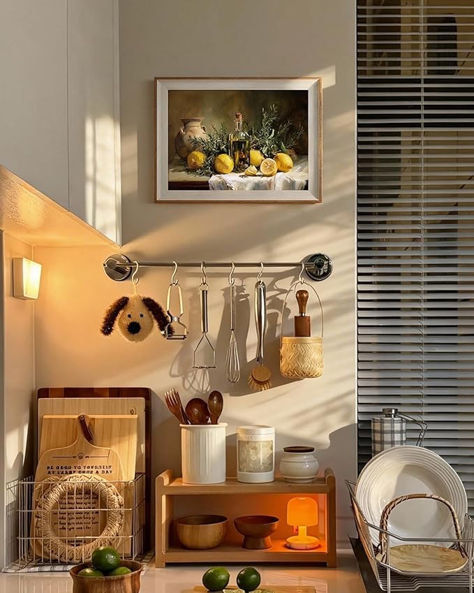ARPEOTCY Framed Canvas Wall Art, 12x16 Vintage Lemon & Olive Oil Still Life Painting, Rustic Kitchen Wall Decor, Farmhouse Dining Room Food Artwork for Home Decoration
