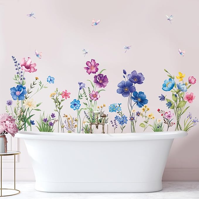 SHUCHING Colorful Wildflower Wall Sticker Peel and Stick, Vinyl Floral Wall Decal, Grass Wall Decor Art for Girl Bedroom Living Room Office