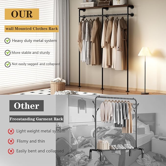 Industrial Pipe Clothes Rack, Wall Mounted Clothing Rack with Shelves, Heavy Duty Closet Organizers Wardrobe Multi-Purpose Storage Clothes Hanging Shelf-59''L Black