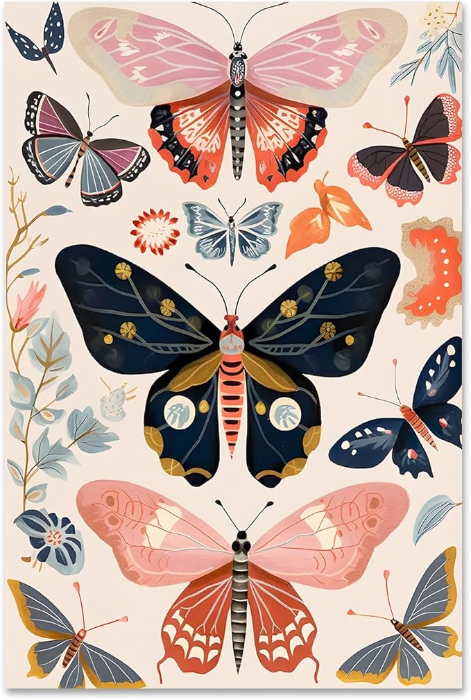 Vintage Butterflys Painting Watercolor Plant Poster Butterfly Botanical Wall Art Boho Butterfly Print Insect Canvas Wall Art Colorful Butterflys Painting Rustic Animal Pictures 16x24inch Frameless