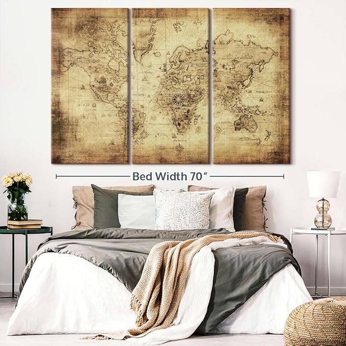 ElephantStock Ancient World Map Wall Art Multi Piece Canvas - 3 Piece Canvas World Map Wall Decor - Wall Decor - Ready-to-Hang Print - Vintage Wall Art - 74" X 48"