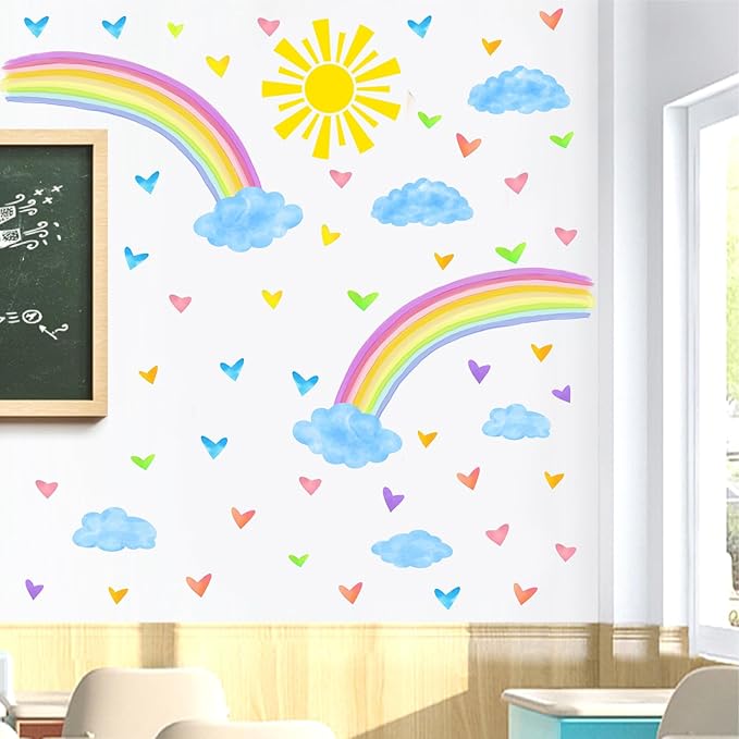 Colorful Rainbow Wall Stickers Watercolor Sun Clouds Wall Decals Cute Hearts Stickers for Girls Removable Peel and Stick Large Rainbow Decals for Girls Kids Room Nursery Classroom Decor