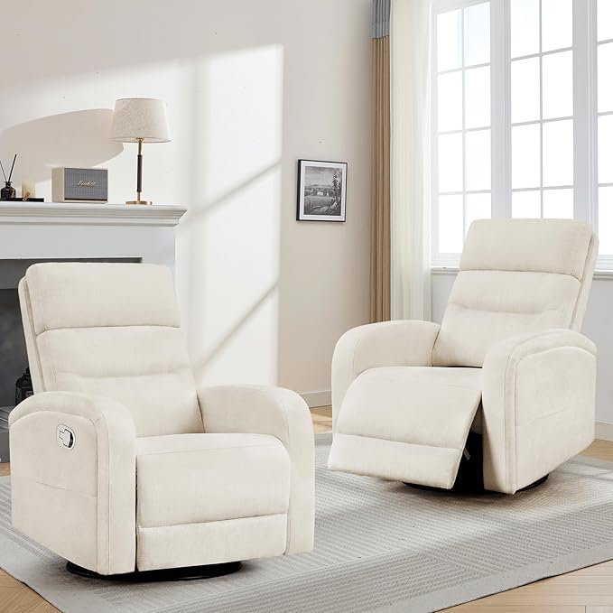Nursery Rocking Recliners, 360° Swivel Glider Rocker Recliner with Double Pockets, Manual Nursery Glider Rocker Recliner for Living Room, Chenille White