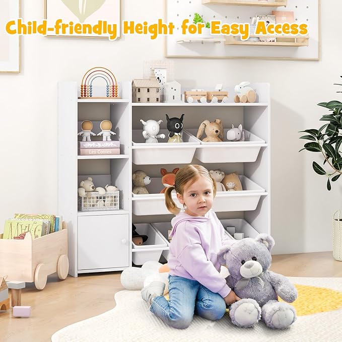 Costzon Kids Toy Storage Organizer, 4-Tier Bookshelf Storage Cabinet w/8 Removable Bins, Preschool Children's Montessori Bookshelf w/Large Cabinet for Playroom, Daycare, Kids Room, Classroom