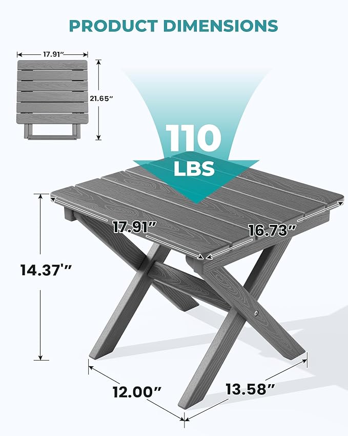 SERWALL Small Folding Side Table, HDPE Outdoor End Table for Patio, Porch, Deck, Pool, Gray
