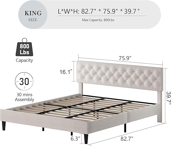 BarnFurin King Size Platform Bed Frame, Fabric Upholstered Bed with Button Tufted Headboard, Adjustable Headboard Design, Easy Assembly, No Box Spring Required, White