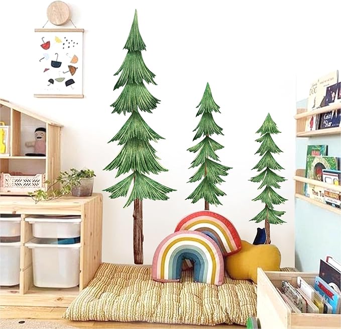 Large Pine Tree Wall Decals Peel and Stick Watercolor Extra Large Tree Wall Decal Forest Nature Green Tree Wall Stickers Giant Pine Tree Wall Decals for Nursery Kids Room Decor