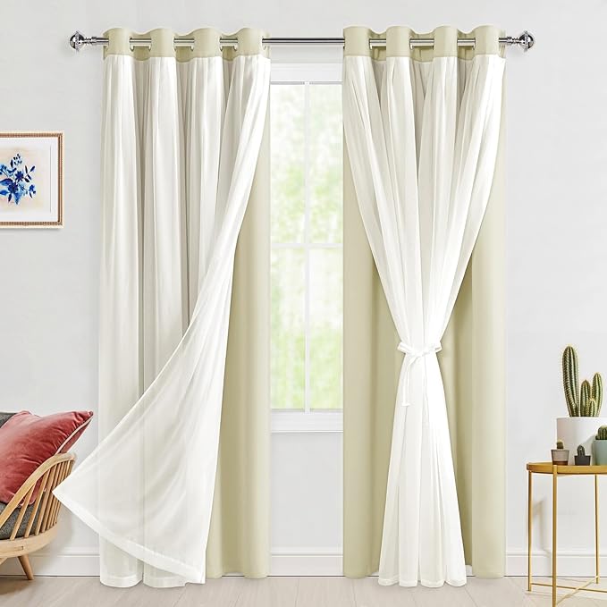 Hiasan Mix & Match Blackout Curtains with Sheer Overlay, Thermal Insulated Privacy Double Layer Room Darkening Window Curtains for Bedroom, Living Room, 2 Panels with Tiebacks, Light Beige, 52W X 84L