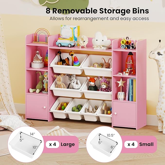 Costzon 56'' Kids Toy Storage Organizer with 8 Removable Bins, 4-Tier Toddler Bookshelf Cubbies, Preschool Children's Montessori Bookshelf w/6 Large Cabinet for Playroom, Daycare, Kids Room, Classroom