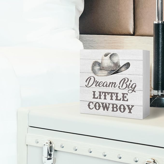Western Nursery Wood Box Sign - Western Desk Shelf Decor, Cowboy Nursery Decor, Grey Dream Big Little Cowboy Wooden Block Plaque Box Sign for Baby Boy Dorm Room Table Decorations