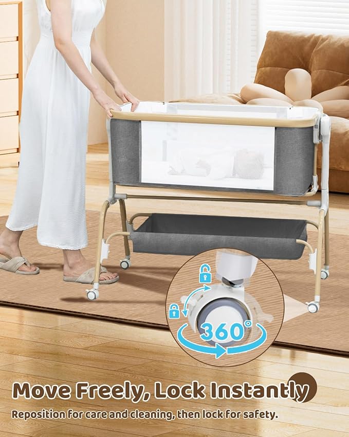 Baby Bassinet, Rocking Bedside Sleeper, Detachable & Portable Bassinet with 8-Level Height, Breathable Mesh, Storage Basket & Rotating Mobile Toy for Newborns Infant(Light Grey)