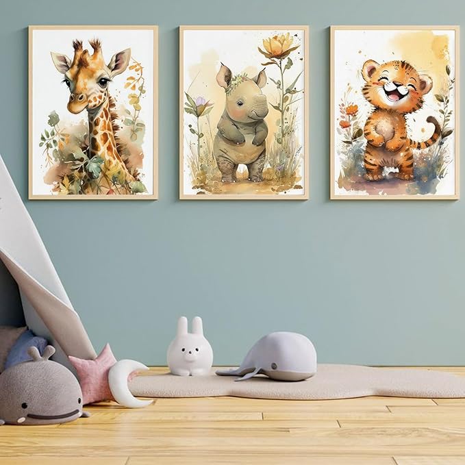 3Pcs Safari Nursery Wall Art watercolor baby Animal Wall Decor Lovely Jungle Animal Picture Painting Kids Room Posters Prints artwork for Boy Girl and Baby Room wall decoration,16x24in Poster