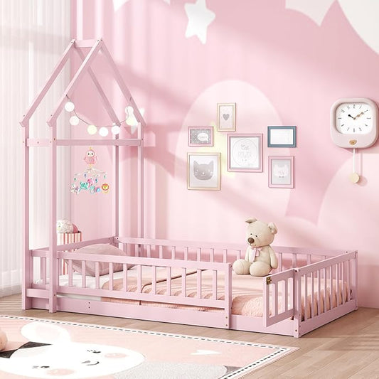 MAT EXPERT Twin Floor Bed with House-Shaped Headboard, Montessori Kids Bed with Detachable Clothes Hanger, Full Length Safety Guardrails, Solid Wood Twin Bed Frames for Kids (Pink)