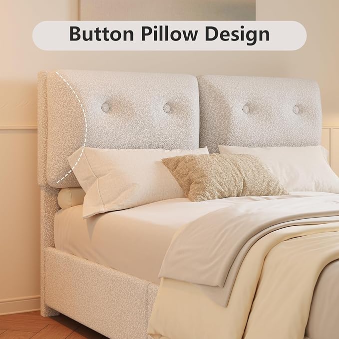 Full Size Bed Frame with Headboard, Cloud Boucle Upholstered Bed Frame, Modern Soft Style, Adjustable Headboard, No Box Spring Needed, Easy Assembly, White