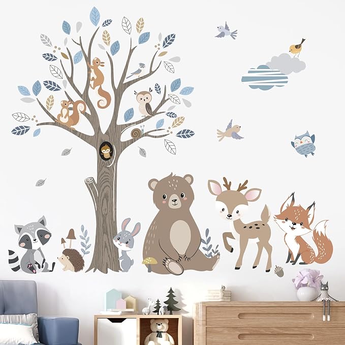 decalmile Boho Forest Animal Tree Wall Decals Bear Deer Fox Woodland Wall Stickers Baby Nursery Kids Bedroom Daycare Wall Decor