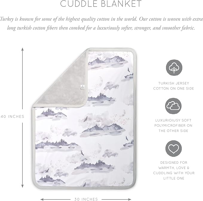 Oilo Baby Blanket, Luxury Soft Plush Chenille Backing & Turkish Cotton Jersey Print, Double Layered, 30" x 40", Rolled Jersey Edge Trim, Machine Wash, Perfect for Infant or Toddlers, Misty Mountain