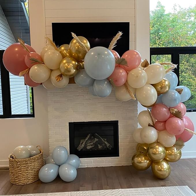Gender Reveal Balloons, 12 Inch Dusty Pink Blue White Sand and Gold Balloons for Boho Neutral Baby Shower Birthday Party Boy or Girl Gender Reveal Decorations