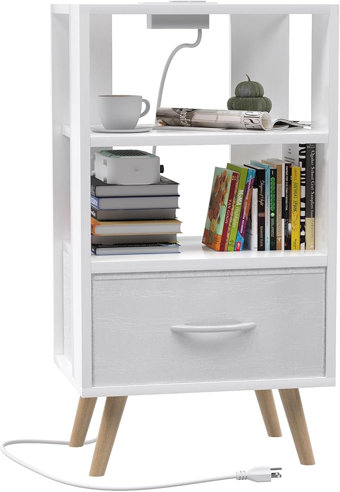 Night Stand with Charging Station, White Kids Nightstand with Drawer, 3-Tier Nursery Bedside Table with USB Ports and Outlets, End Table for Small Space, Living Room, Bedroom