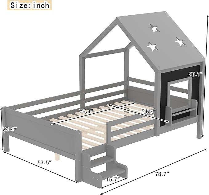 Bellemave Full House Bed with Rails or guardrails and Bookcase, Wooden Full House Shape Platform Bed for Boys, Girls, Teens, Gray
