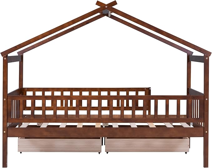 Merax Twin Size Wooden House Bed with Two Drawers, Wood Bed Frame with Roof and Safety Guardrail for Kids, Teens, Boys or Girls, Walnut