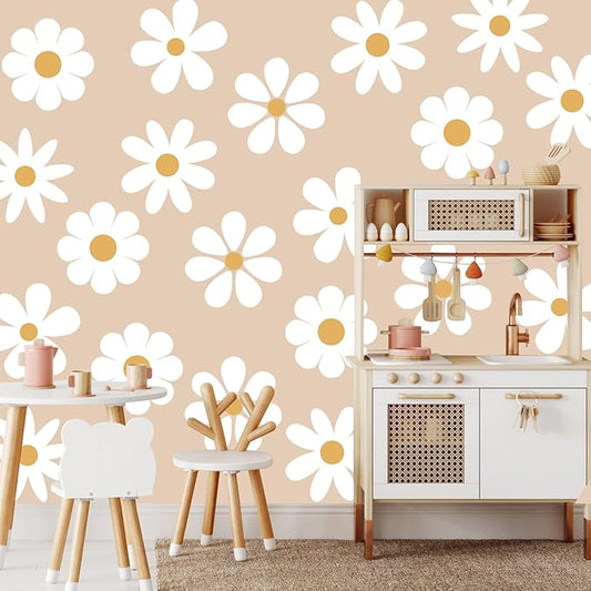 TaoBary 12 Sheets Daisy Wall Decal Flower Wall Sticker Cute Daisy Sticker Pink White Flower Decal Peel and Stick Floral Wallpaper for Nursery Bedroom Home Decor(White, Yellow,Novelty Style)