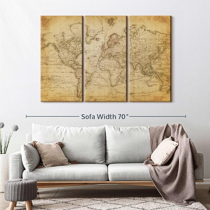 ElephantStock Old Century World Map Wall Art Multi Piece Canvas - 3 Piece Canvas World Map Wall Decor - Ready-to-Hang Print - Vintage Wall Art - 57" X 36"
