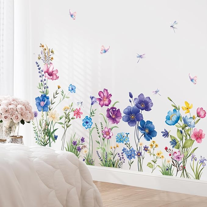 SHUCHING Colorful Wildflower Wall Sticker Peel and Stick, Vinyl Floral Wall Decal, Grass Wall Decor Art for Girl Bedroom Living Room Office