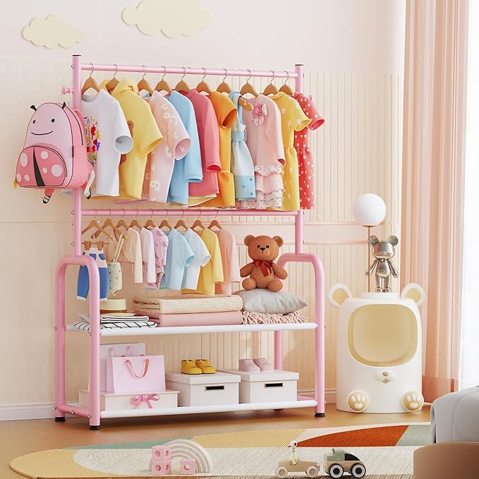 Kids Clothing Rack with 2-Layer Storage Shelf and 2 Adjustable Hanging Rods, Small Baby Closet Organizer for Hanging Clothes, Kids Dress Up Rack for Child (Classic, Pink)