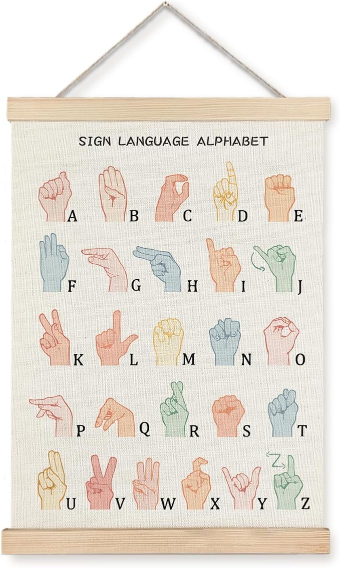 LUVADIAN asl alphabet poster Hanger Frame,sign language poster,alphabet posters for classroom wall,sign language book for kids,Toddler Learning Posters for Nursery Kids Room,16x24 Inches