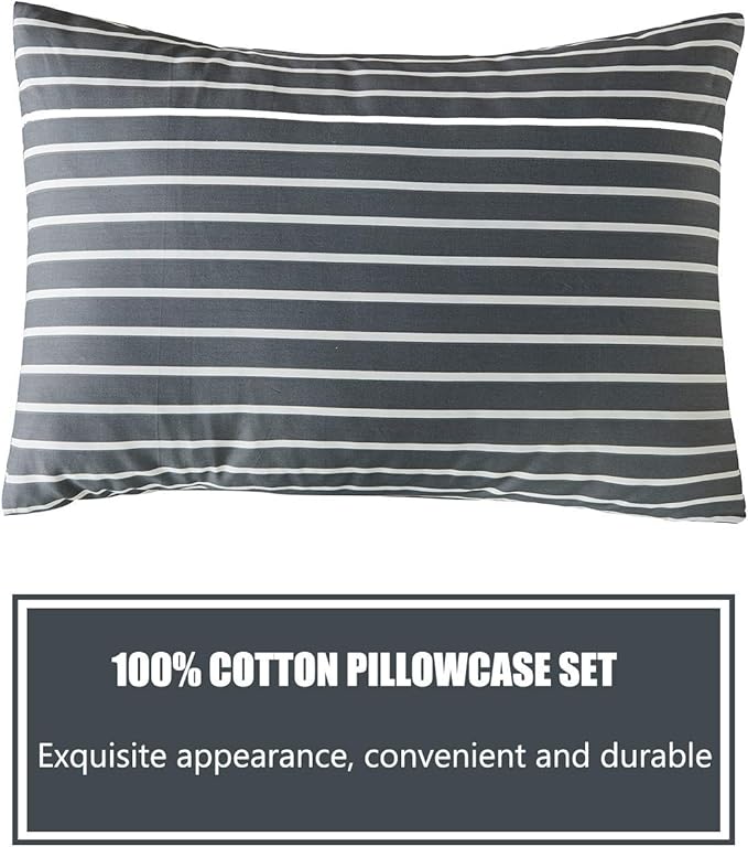 JELLYMONI 100% Natural Cotton 2pcs Striped Duvet Cover Sets, Dark Grey Duvet Cover with White Stripes Pattern Printed Comforter Cover, with Zipper Closure & Corner Ties(Twin Size)