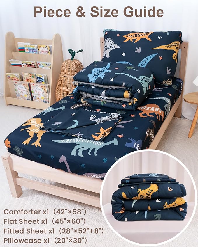 TinyPalsa Dinosaur Toddler Bedding Set, 4-Piece Comforter Set for Girls and Boys, Breathable Crib Bedding Includes Ultra-Soft Plush Minky Comforter, Flat and Fitted Sheets, and Reversible Pillowcase