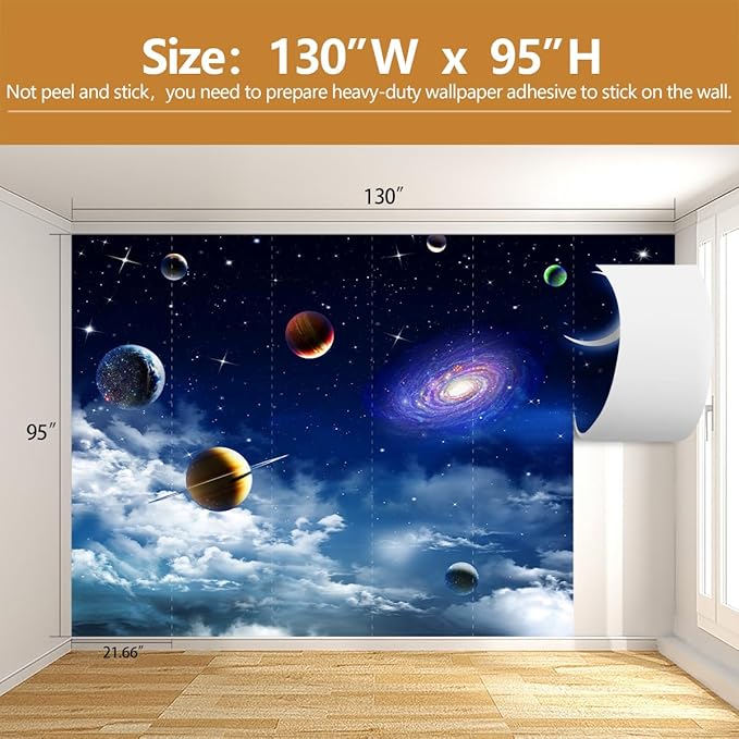 Galaxy Planet Wallpaper Blue Sky Stars Moon Ceiling Wall Mural for Living Room Bedroom（Not Peel and Stick）