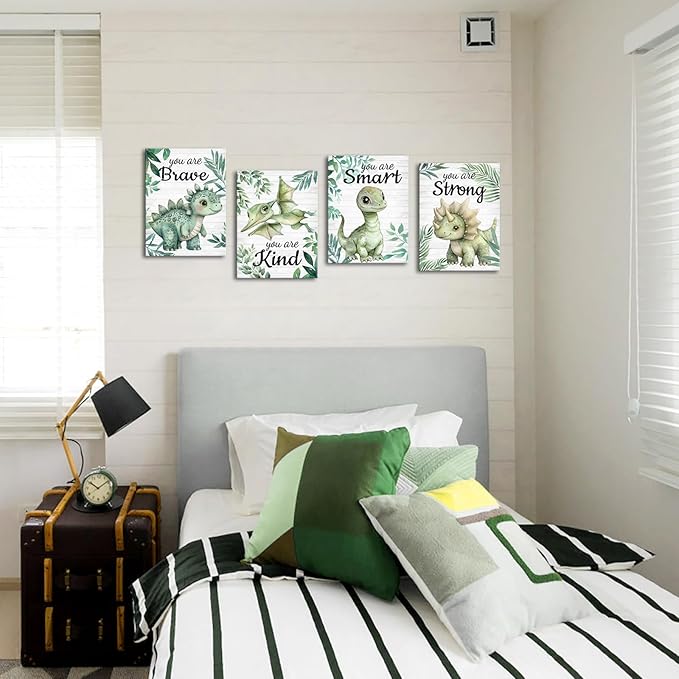 Artmyharbor Woodland Nursery Decor Sage Green Wall Art for Bedroom 4 Piece Wall Art Dinosaur Print