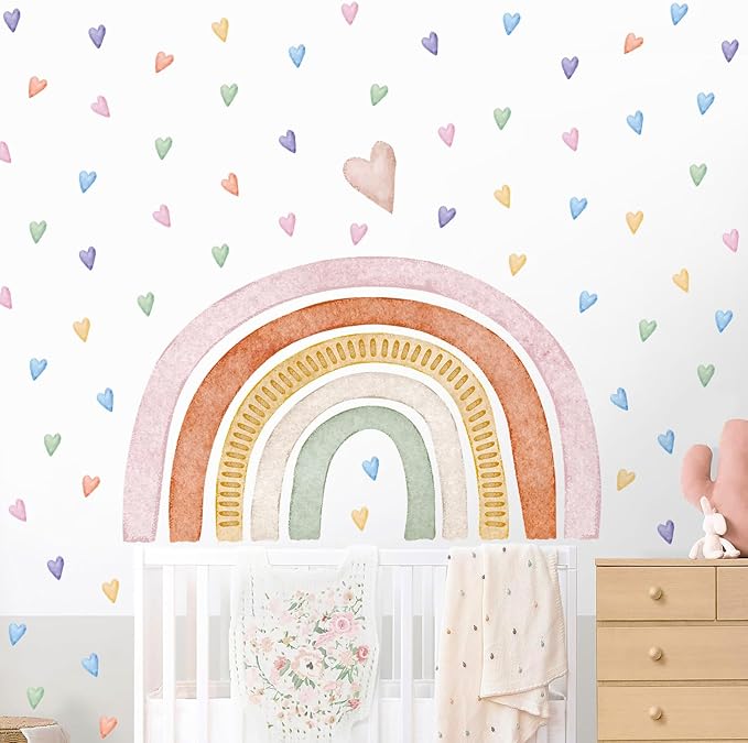 Large Rainbow Wall Decals, Peel and Stick Watercolor Pink Rainbow Wall Stickers, Multicolor Colorful Hearts Wall Decor for Girls Bedroom Nursery Classroom Playroom Living Room